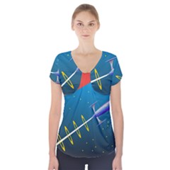 Rocket Spaceship Space Galaxy Short Sleeve Front Detail Top