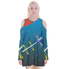 Rocket Spaceship Space Galaxy Velvet Long Sleeve Shoulder Cutout Dress