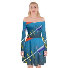 Rocket Spaceship Space Galaxy Off Shoulder Skater Dress