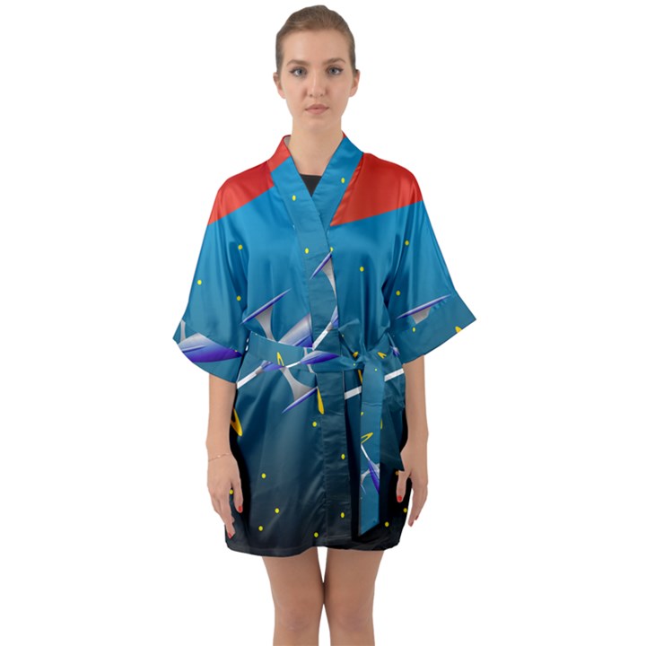 Rocket Spaceship Space Galaxy Quarter Sleeve Kimono Robe