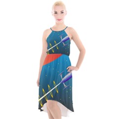 Rocket Spaceship Space Galaxy High-low Halter Chiffon Dress  by HermanTelo