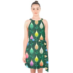 Tulips Seamless Pattern Background Halter Collar Waist Tie Chiffon Dress