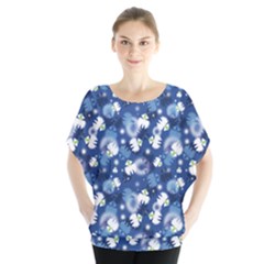 White Flowers Summer Plant Batwing Chiffon Blouse