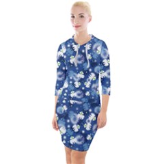 White Flowers Summer Plant Quarter Sleeve Hood Bodycon Dress