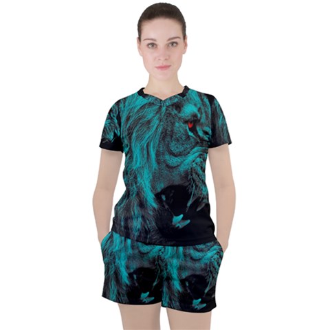 Angry Male Lion Predator Carnivore Women s Tee And Shorts Set by Sudhe