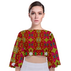 Abstract Background Pattern Doodle Tie Back Butterfly Sleeve Chiffon Top