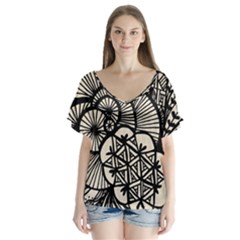 Background Abstract Beige Black V-neck Flutter Sleeve Top by Pakrebo