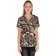 Background Abstract Beige Black Women s V-neck Scrub Top by Pakrebo