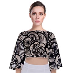 Background Abstract Beige Black Tie Back Butterfly Sleeve Chiffon Top