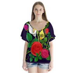 Flowers Charter Flowery Bouquet V-neck Flutter Sleeve Top by Pakrebo