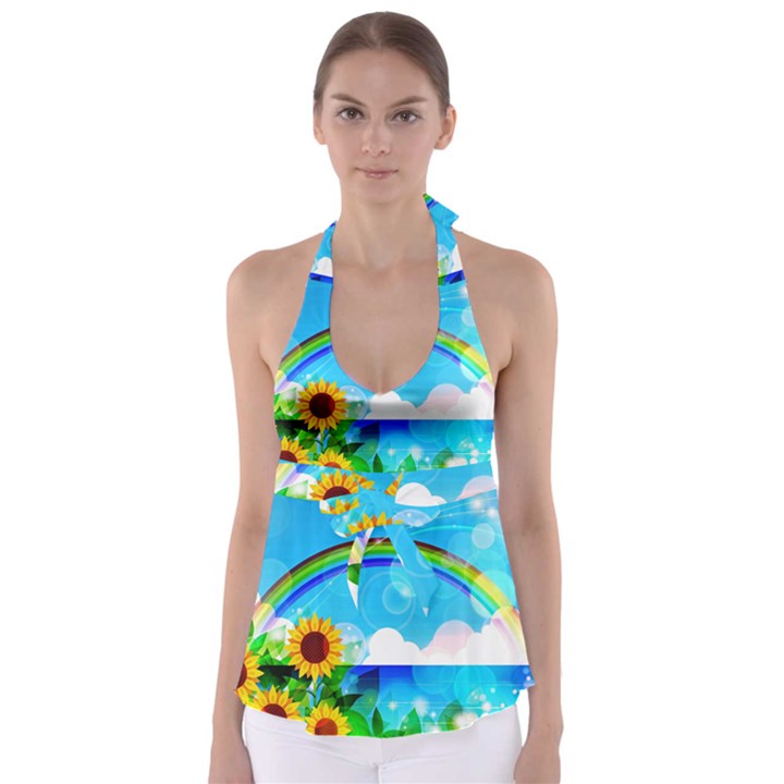 Sunflower And Rainbow Ocean Bokeh Babydoll Tankini Top