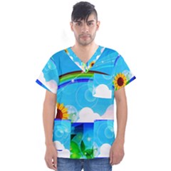 Sunflower And Rainbow Ocean Bokeh Men s V-neck Scrub Top