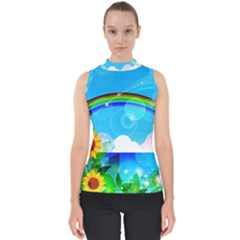 Sunflower And Rainbow Ocean Bokeh Mock Neck Shell Top by Pakrebo