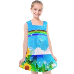 Sunflower And Rainbow Ocean Bokeh Kids  Cross Back Dress