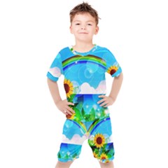 Sunflower And Rainbow Ocean Bokeh Kids  Tee And Shorts Set