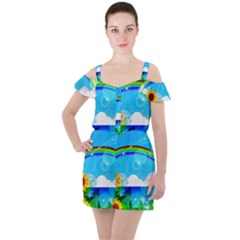 Sunflower And Rainbow Ocean Bokeh Ruffle Cut Out Chiffon Playsuit by Pakrebo