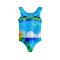 Sunflower And Rainbow Ocean Bokeh Kids  Frill Swimsuit