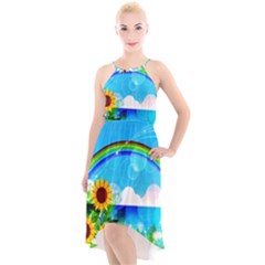 Sunflower And Rainbow Ocean Bokeh High-low Halter Chiffon Dress 