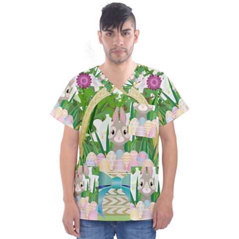 Graphic Easter Easter Basket Spring Men s V-neck Scrub Top by Pakrebo