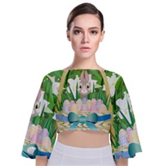 Graphic Easter Easter Basket Spring Tie Back Butterfly Sleeve Chiffon Top