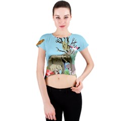 Zoo Animals Peacock Lion Hippo Crew Neck Crop Top by Pakrebo