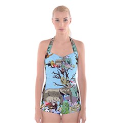 Zoo Animals Peacock Lion Hippo Boyleg Halter Swimsuit  by Pakrebo