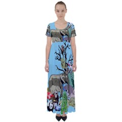 Zoo Animals Peacock Lion Hippo High Waist Short Sleeve Maxi Dress by Pakrebo