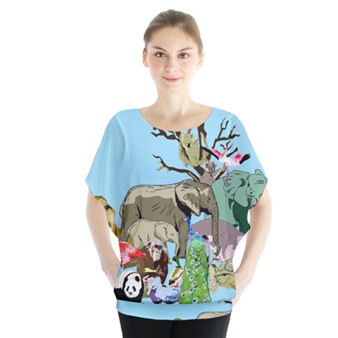 Zoo Animals Peacock Lion Hippo Batwing Chiffon Blouse by Pakrebo