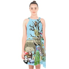 Zoo Animals Peacock Lion Hippo Halter Collar Waist Tie Chiffon Dress