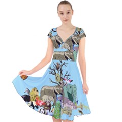 Zoo Animals Peacock Lion Hippo Cap Sleeve Front Wrap Midi Dress by Pakrebo