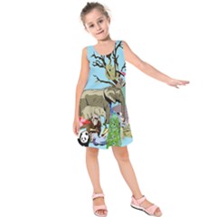 Zoo Animals Peacock Lion Hippo Kids  Sleeveless Dress by Pakrebo