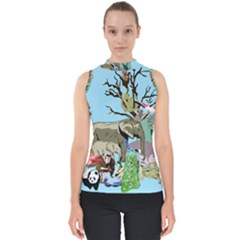 Zoo Animals Peacock Lion Hippo Mock Neck Shell Top by Pakrebo