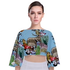 Zoo Animals Peacock Lion Hippo Tie Back Butterfly Sleeve Chiffon Top