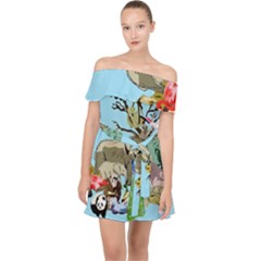 Zoo Animals Peacock Lion Hippo Off Shoulder Chiffon Dress by Pakrebo