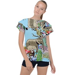 Zoo Animals Peacock Lion Hippo Ruffle Collar Chiffon Blouse