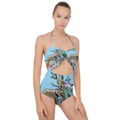 Zoo Animals Peacock Lion Hippo Scallop Top Cut Out Swimsuit by Pakrebo