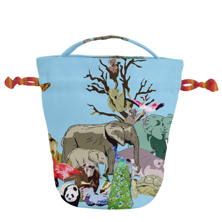 Zoo Animals Peacock Lion Hippo Drawstring Bucket Bag