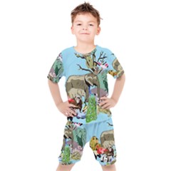 Zoo Animals Peacock Lion Hippo Kids  Tee And Shorts Set by Pakrebo