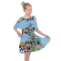 Zoo Animals Peacock Lion Hippo Kids  Shoulder Cutout Chiffon Dress by Pakrebo