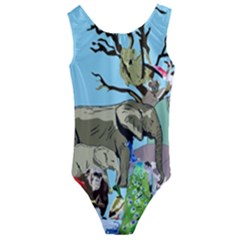 Zoo Animals Peacock Lion Hippo Kids  Cut-out Back One Piece Swimsuit