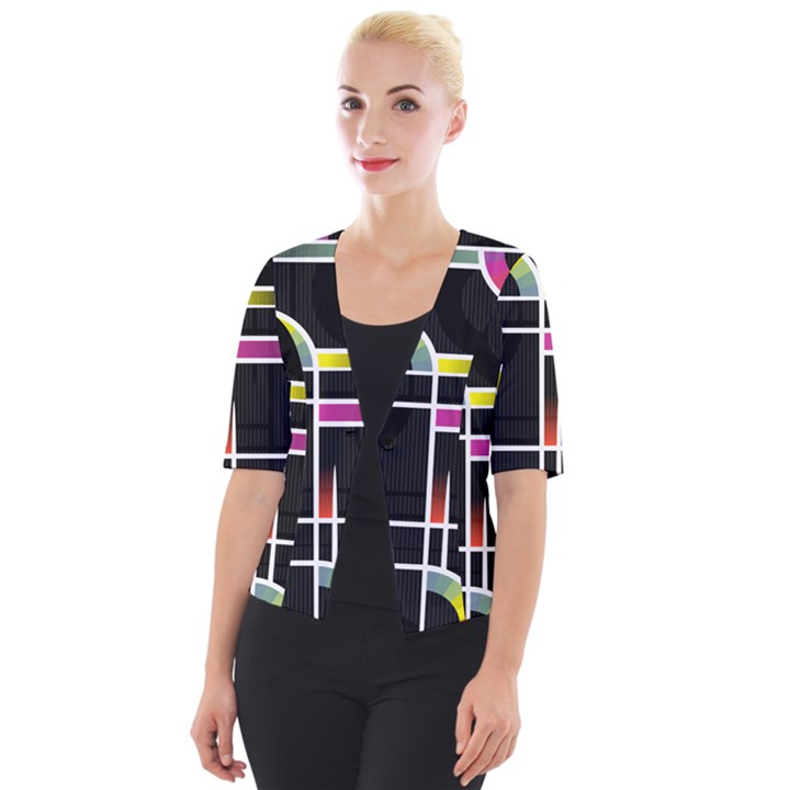 Background Abstract Semi Circles Cropped Button Cardigan