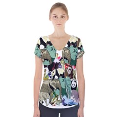 Zoo Animals Peacock Lion Hippo Short Sleeve Front Detail Top by Pakrebo