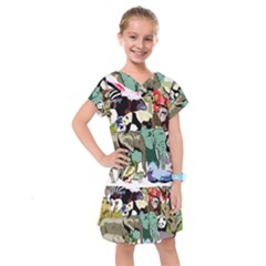 Zoo Animals Peacock Lion Hippo Kids  Drop Waist Dress by Pakrebo