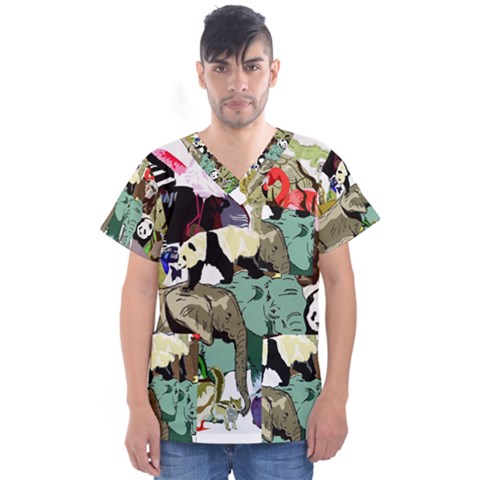 Zoo Animals Peacock Lion Hippo Men s V-neck Scrub Top by Pakrebo