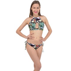 Zoo Animals Peacock Lion Hippo Cross Front Halter Bikini Set by Pakrebo