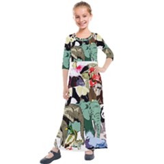 Zoo Animals Peacock Lion Hippo Kids  Quarter Sleeve Maxi Dress by Pakrebo