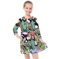 Zoo Animals Peacock Lion Hippo Kids  Quarter Sleeve Shirt Dress by Pakrebo