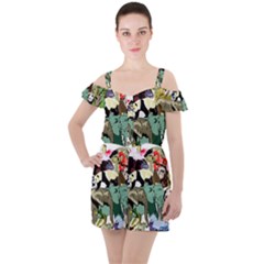 Zoo Animals Peacock Lion Hippo Ruffle Cut Out Chiffon Playsuit by Pakrebo