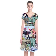 Zoo Animals Peacock Lion Hippo Short Sleeve Front Wrap Dress by Pakrebo