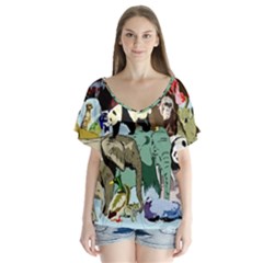 Zoo Animals Peacock Lion Hippo V-neck Flutter Sleeve Top by Pakrebo